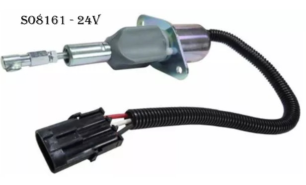 SO8161 - SOLENÓIDE DE PARADA 24V: CASE/CUMMINS/HITACHI HYUNDAI: EXCAVADEIRAS KOMATSU: ND573 -CONECTOR 3 PINOS - FLANGE COM 2 FUROS